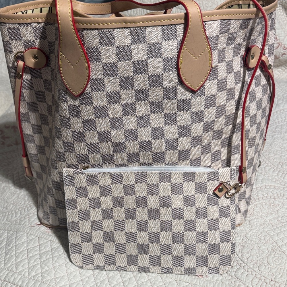 Checked Ivory and Beige Tote with Red-Trim Detail